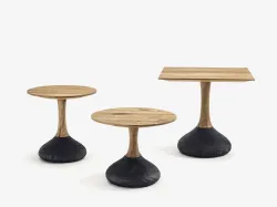 Tavolini Decant Small Table Round and Squared con top in legno massello a liste incollate, basamento realizzato da gamba centrale nella stessa essenza del top e piantana in legno di cedro vulcano di Riva1920