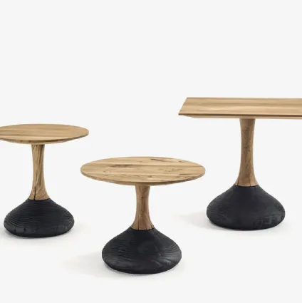 Tavolini Decant Small Table Round and Squared con top in legno massello a liste incollate, basamento realizzato da gamba centrale nella stessa essenza del top e piantana in legno di cedro vulcano di Riva1920