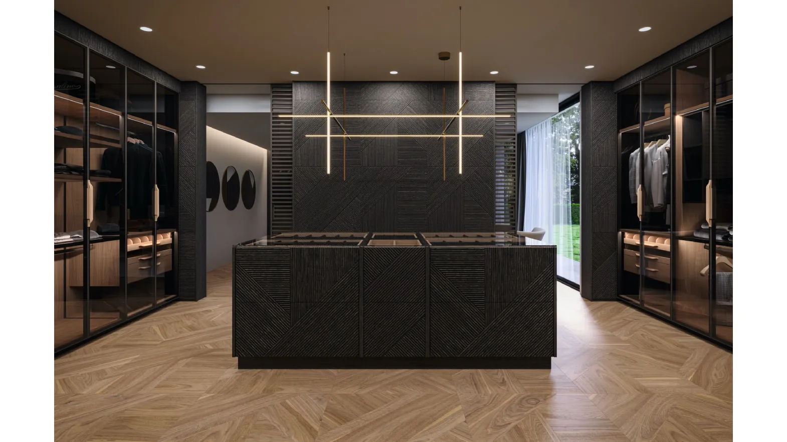 Cabina Armadio Life Ca’ Pisani in legno massello con lavorazione tridimensionale e vetro di Arte Brotto
