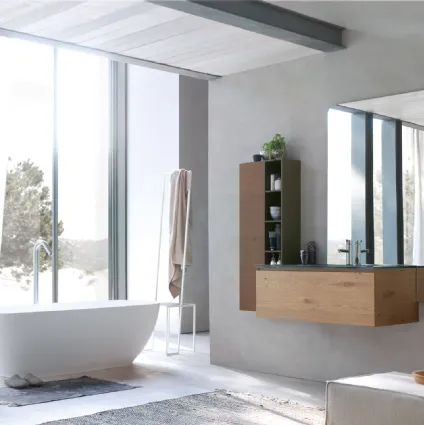 Mobile da Bagno sospeso La Fenice 12 in rovere nodato naturale con top in cristallo extralight Verde bosco con lavabo integrato di Arcom