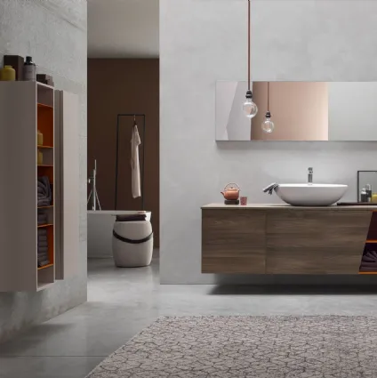 Mobile da Bagno sospeso in Olmo marrone con vano a giorno laccato Mattone opaco E-Ly 77 di Arcom