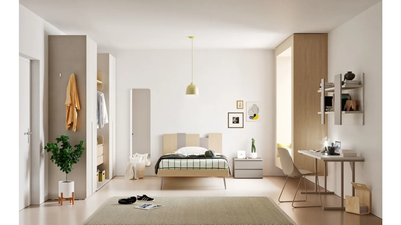Cameretta Composizione Letto a Terra 18 in melaminico Rovere, Seta, Dekor Canapa e Platino di Mistral