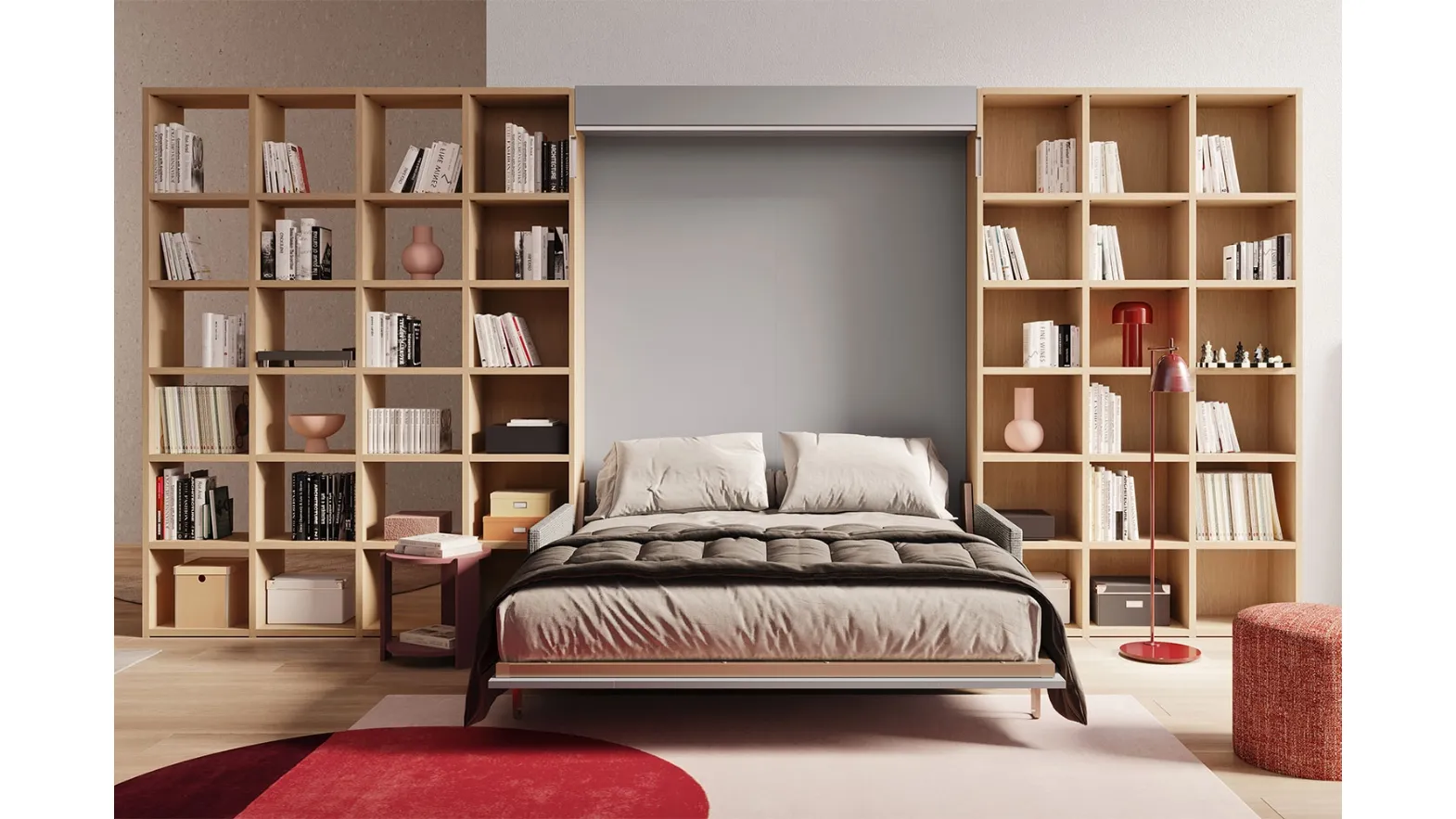 Letto matrimoniale a scomparsa con divano integrato e libreria Im 22 04 Nobu in melaminico Rovere e laccato opaco di Clever