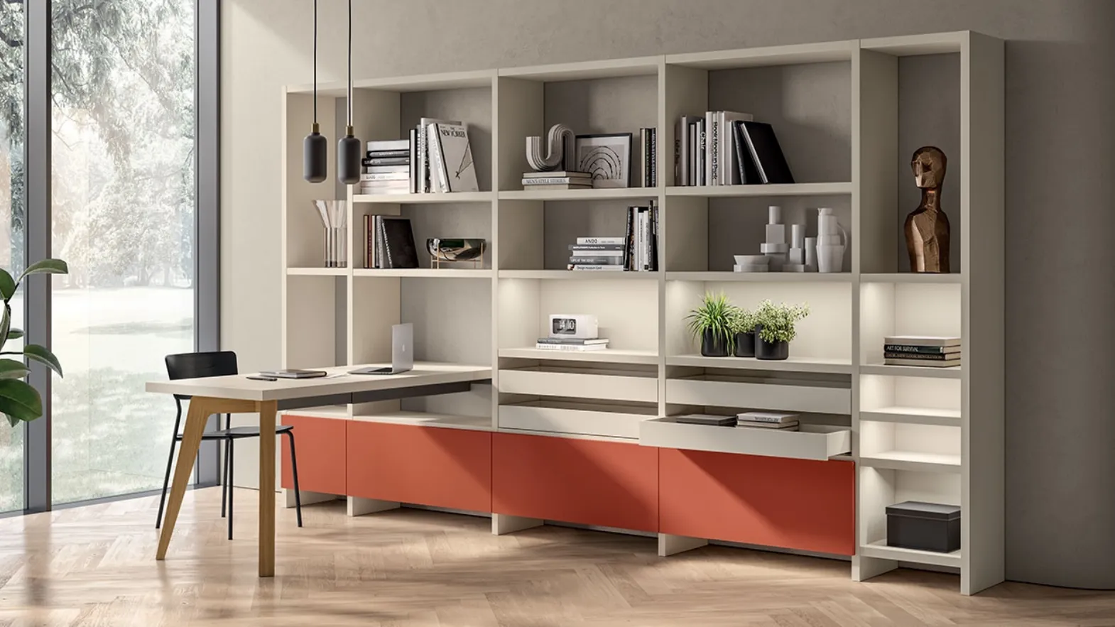 Libreria Living Motus sistema Fluida di Scavolini