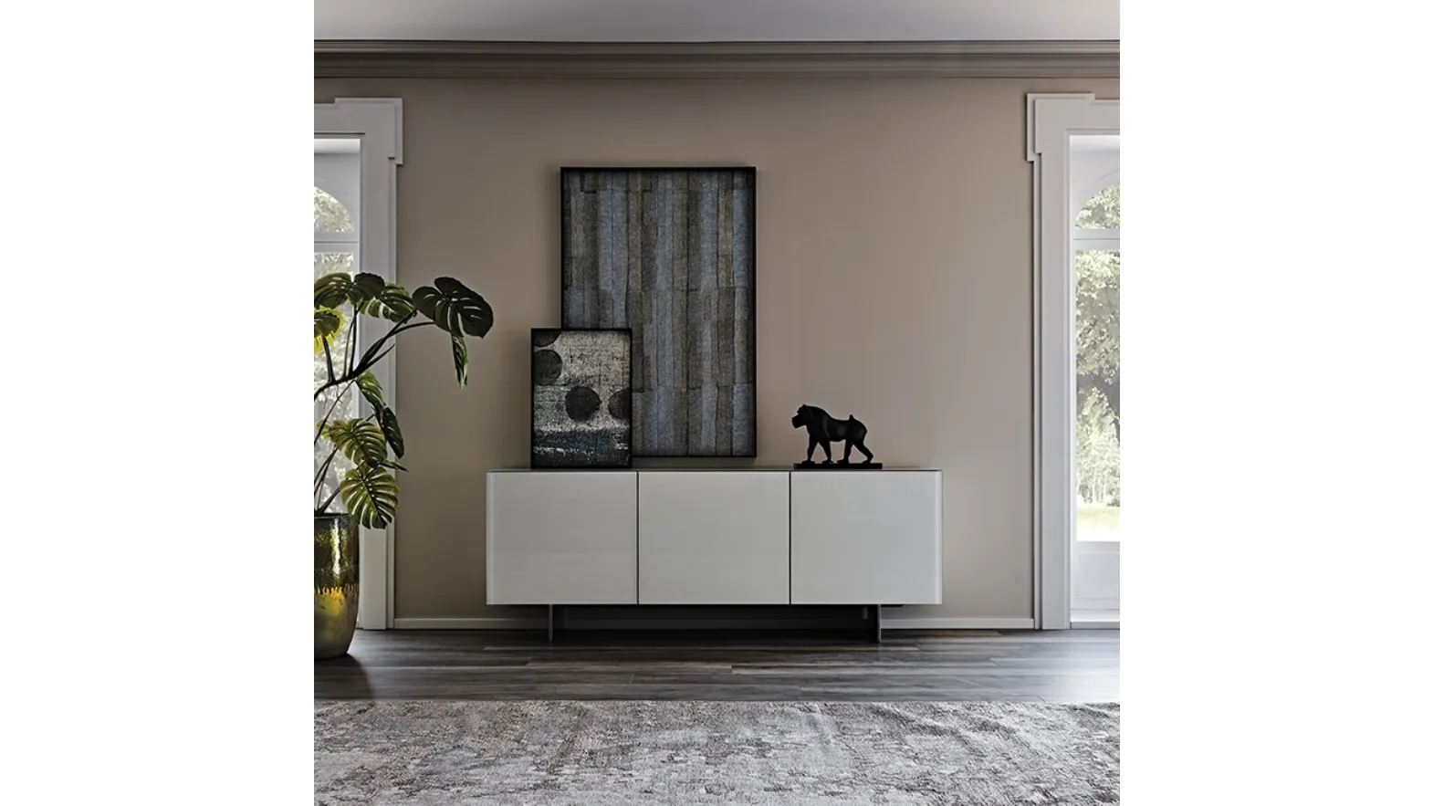 Madia in legno laccato opaco e ante in cristallo verniciate Focus di Cattelan Italia