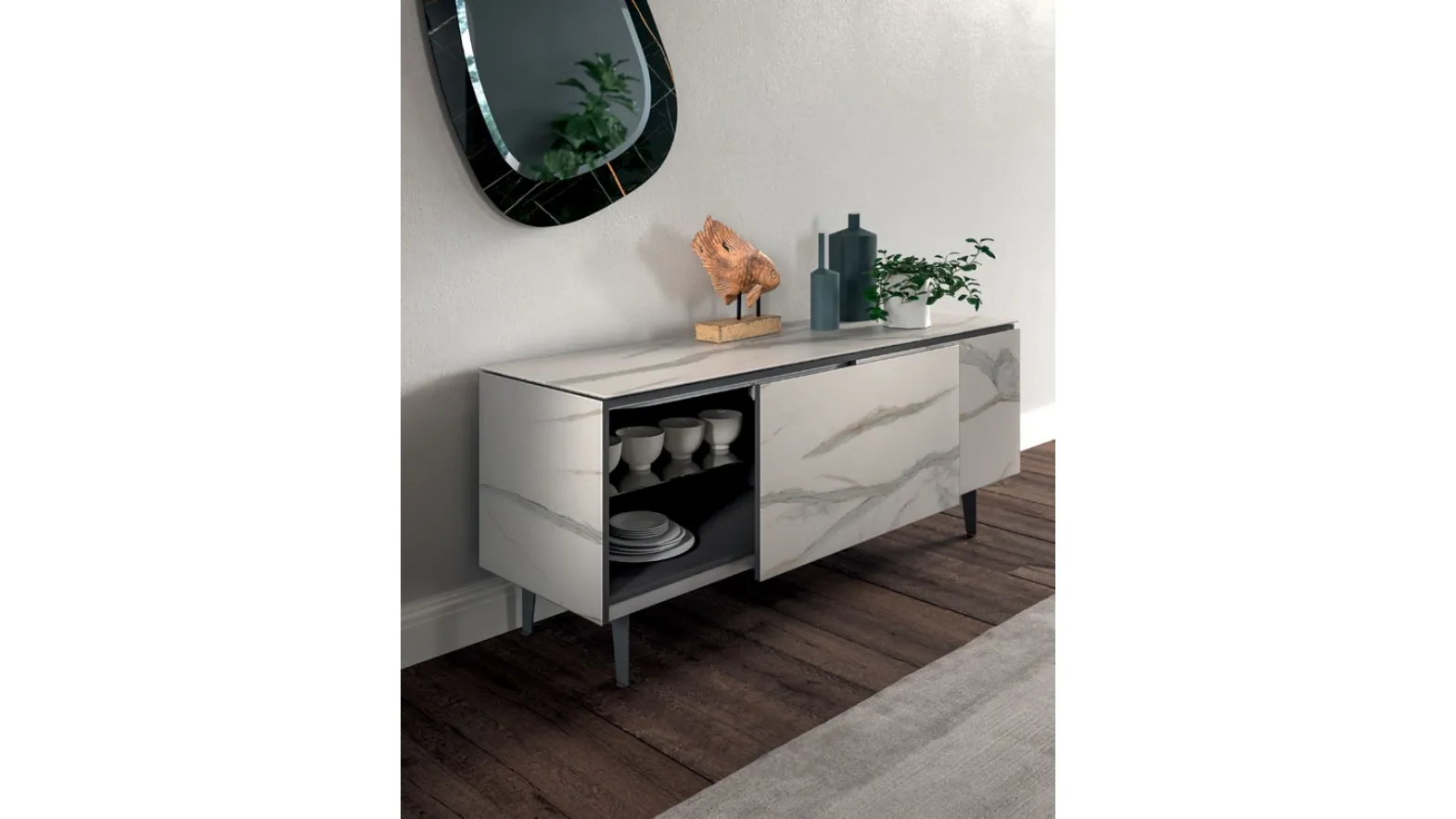 Madia moderna Plana in marble glass Onice lucido di Ozzio