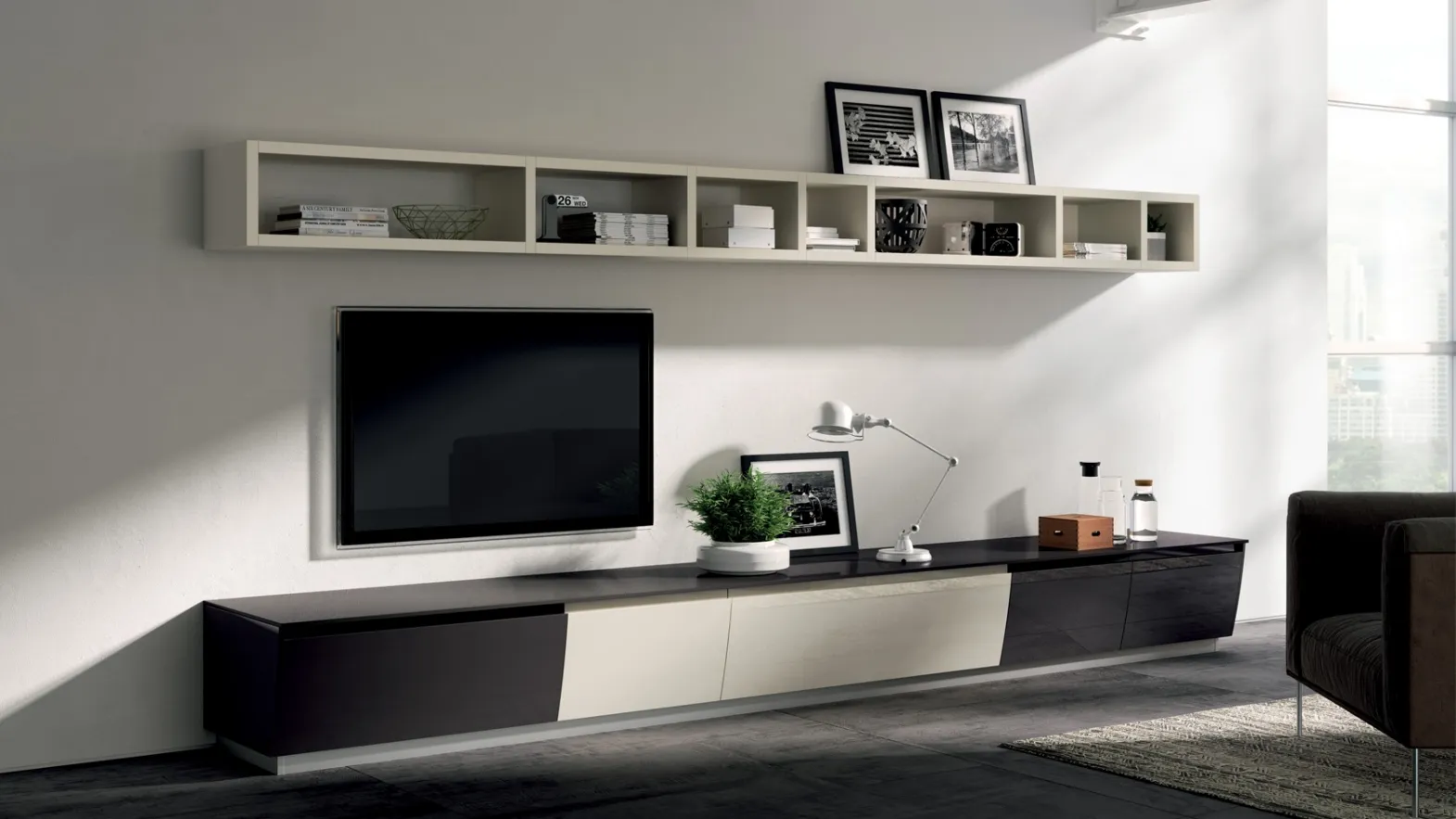 Parete Attrezzata Living Flux in Laccato lucido Grigio Ferro e Tortora di Scavolini