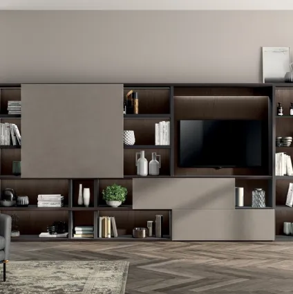 Parete Attrezzata Living Liberamente in Biomalta Argilla e Rovere di Scavolini