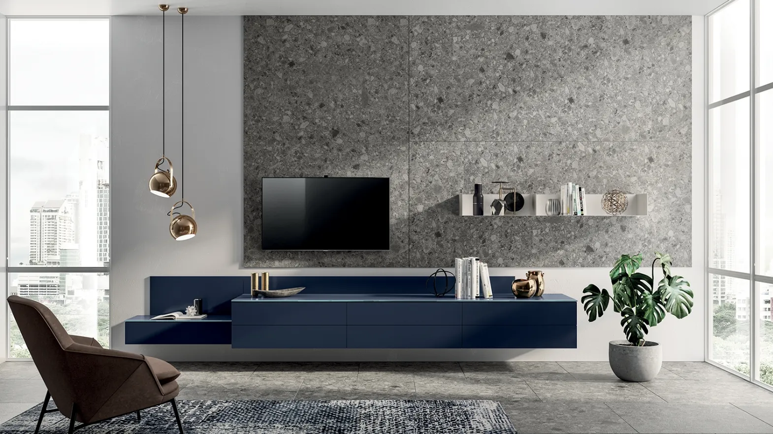 Parete Attrezzata Living Liberamente in Laccato Blu Moon di Scavolini