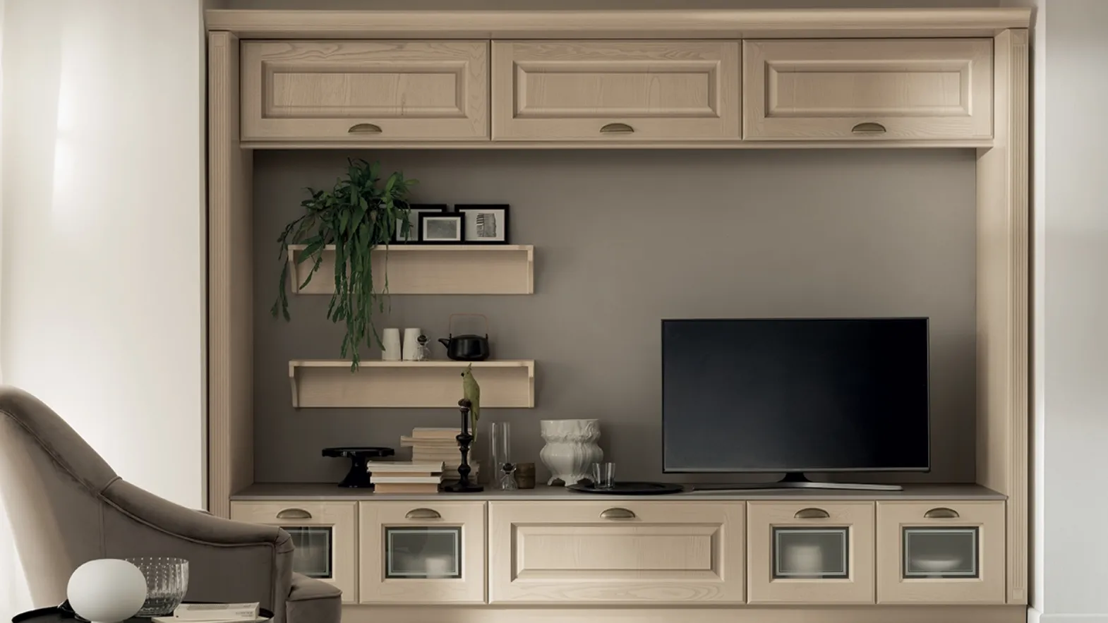Parete Attrezzata Living Madeleine in Frassino Bianco Burro di Scavolini