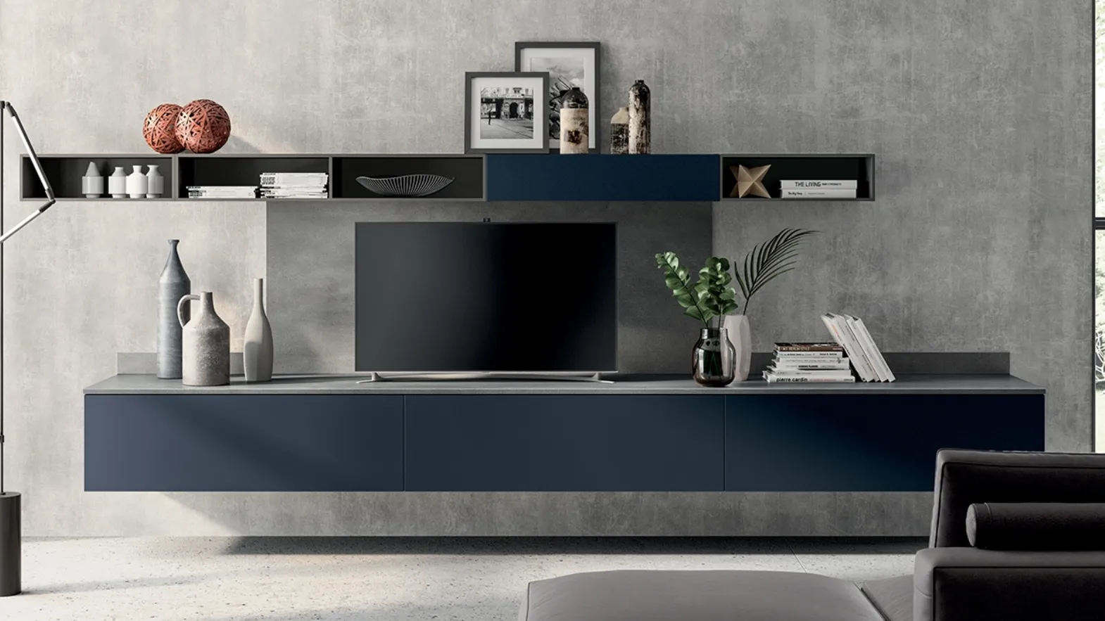 Parete Attrezzata Living Mood in Laccato Blu Moon di Scavolini