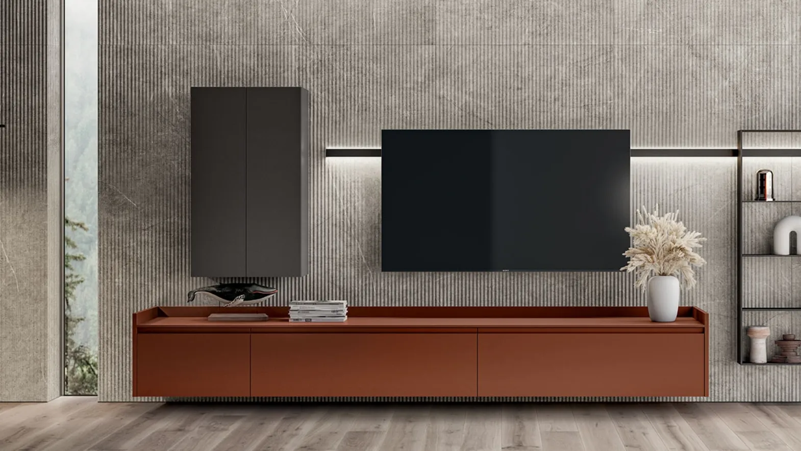 Parete Attrezzata Living Motus in Laccato opaco Ruggine di Scavolini