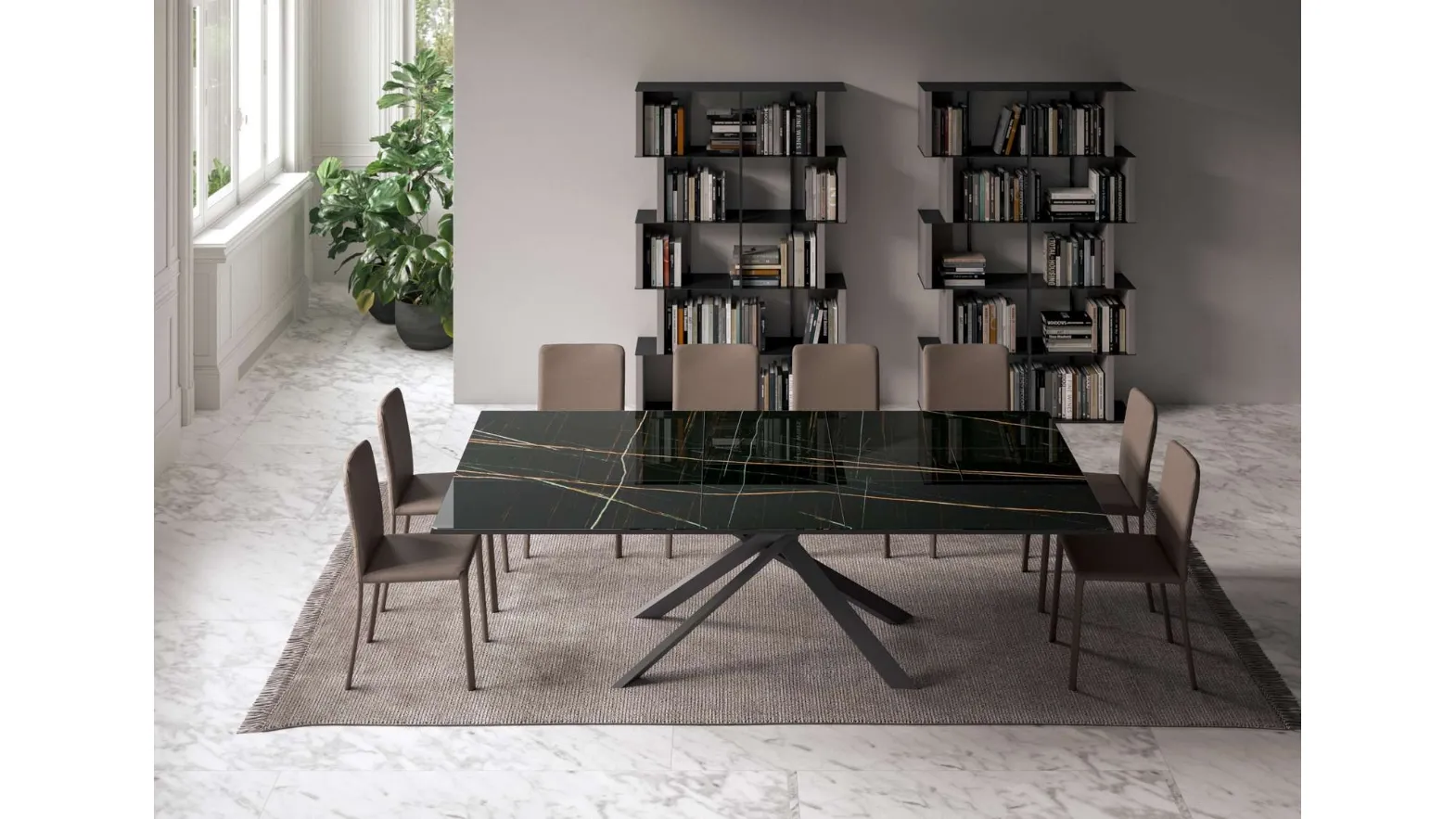 Tavolo allungabile e allargabile 4x4 in Marble Glass Sahara Noir Lucido e base in metallo di Ozzio