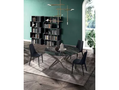 Tavolo Big Round Fisso in Cristallo Ceramica Noir Desir con base in metallo di Ozzio