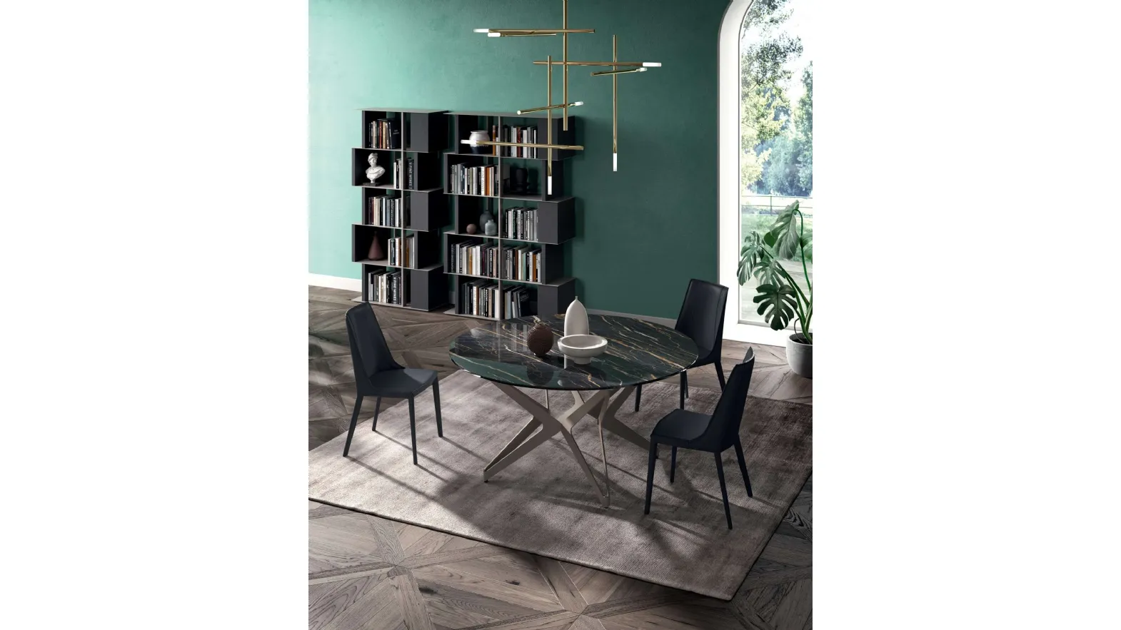 Tavolo Big Round Fisso in Cristallo Ceramica Noir Desir con base in metallo di Ozzio