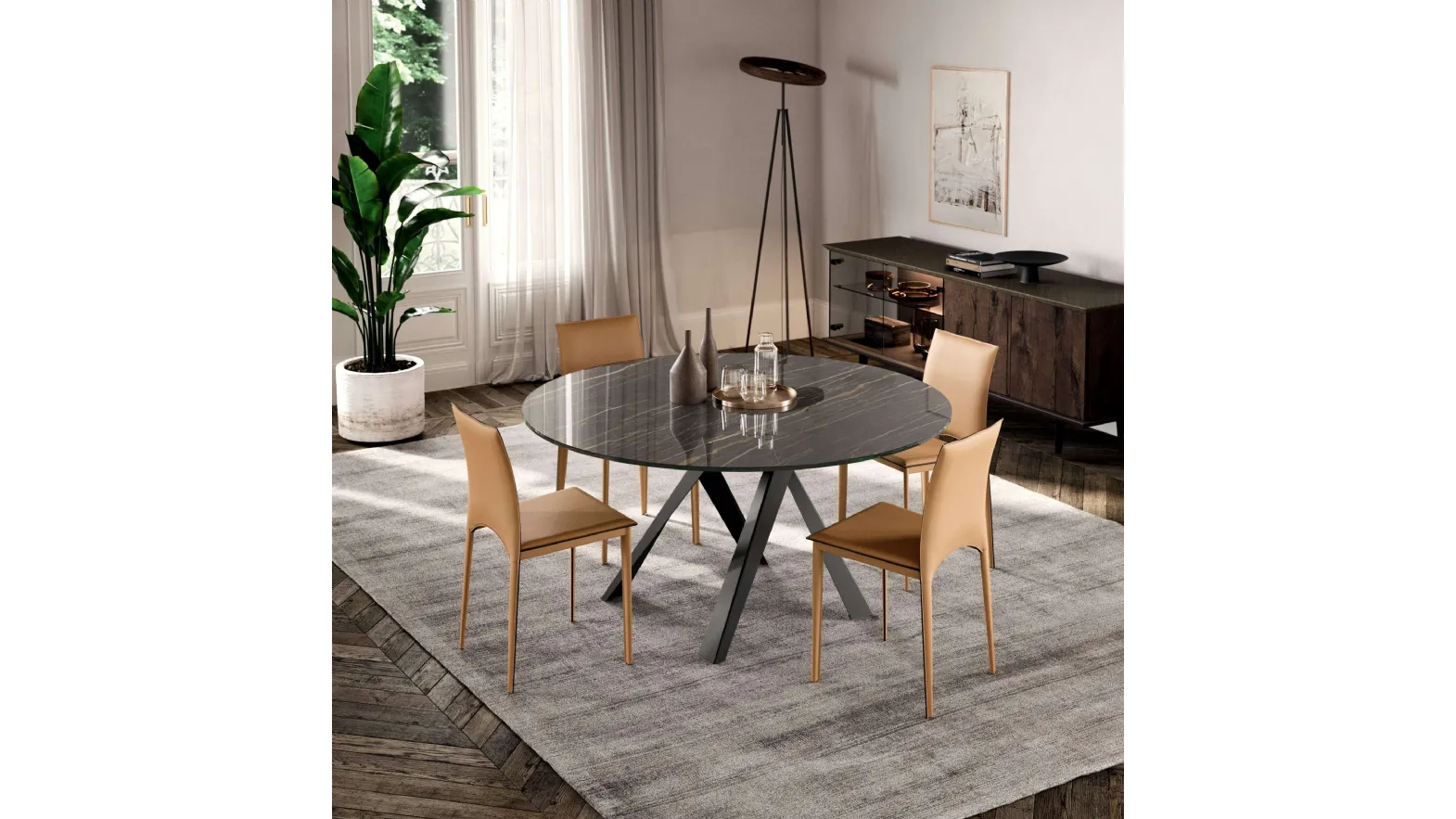 Tavolo rotondo Emisfero Fisso con top in Cristallo Ceramica Noir Desir e base in metallo di Ozzio