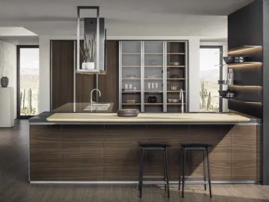 Cucina Design ad angolo HiLine 6 Frame Door con base in Noce, top in acciaio Inox e Nero Lava, banco snack in Rovere biondo nodato di Dada