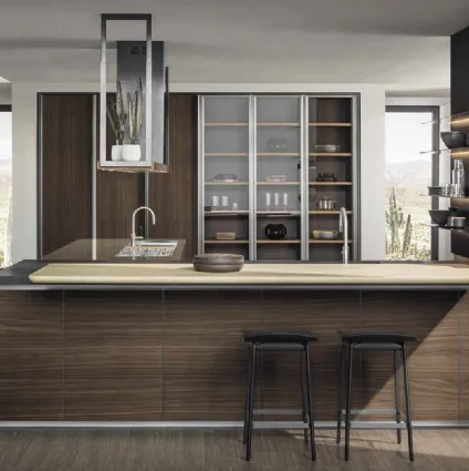 Cucina Design ad angolo HiLine 6 Frame Door con base in Noce, top in acciaio Inox e Nero Lava, banco snack in Rovere biondo nodato di Dada