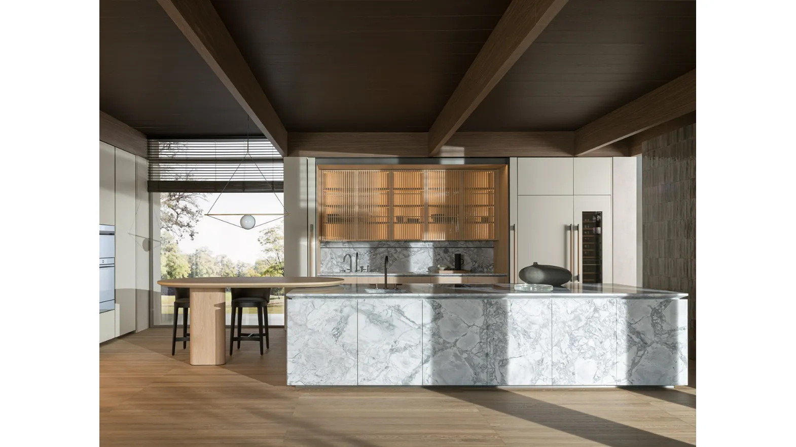 Cucina Design con penisola Intersection in Marmo Superwhite e Rovere Sunrise di Dada