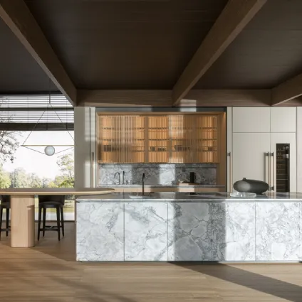 Cucina Design con penisola Intersection in Marmo Superwhite e Rovere Sunrise di Dada