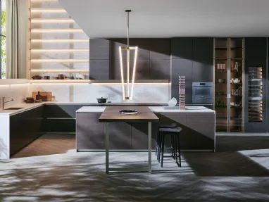 Cucina Design ad angolo con isola Prime in Noce Scuro e laccato con top in marmo di Dada