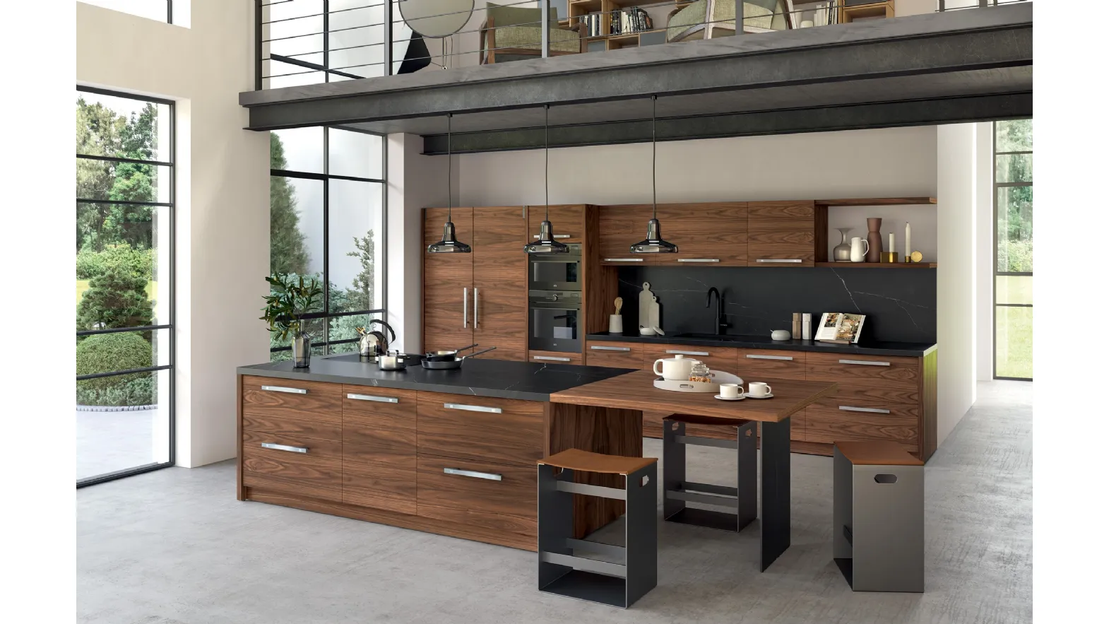 Cucina Design con isola Grangusto in legno di Noce con top in Dekton effetto marmo di Riva1920