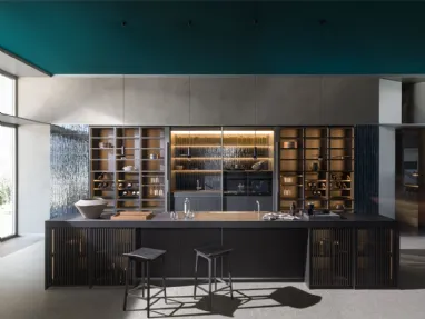 Cucina Design lineare Ratio in Rovere Nero e top in Pietra di Dada