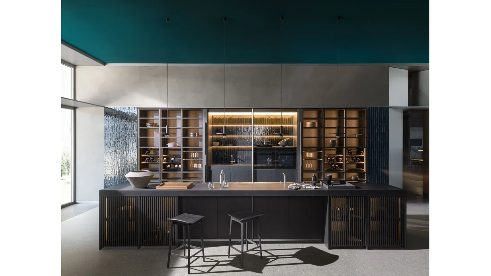 Cucina Design lineare Ratio in Rovere Nero e top in Pietra di Dada