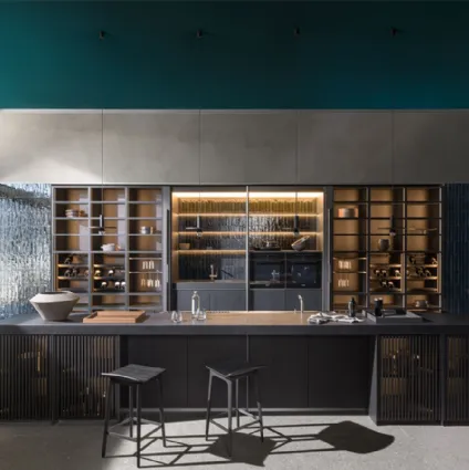 Cucina Design lineare Ratio in Rovere Nero e top in Pietra di Dada