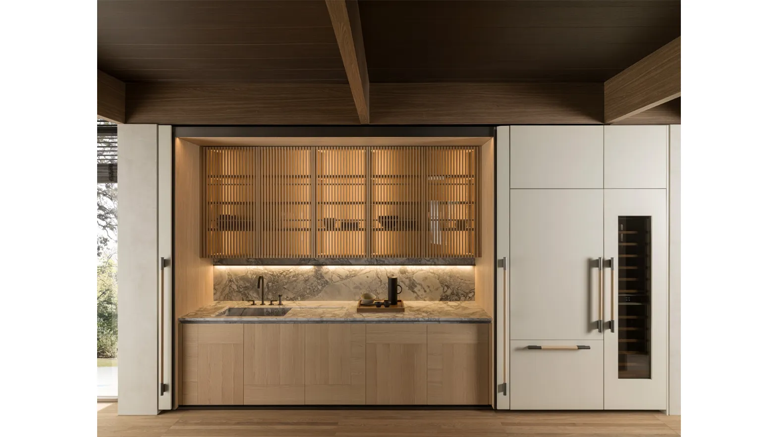 Cucina Design lineare Tivalì 2-0 in Rovere e laccato Perla con top in marmo di Dada