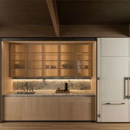 Cucina Design lineare Tivalì 2-0 in Rovere e laccato Perla con top in marmo di Dada