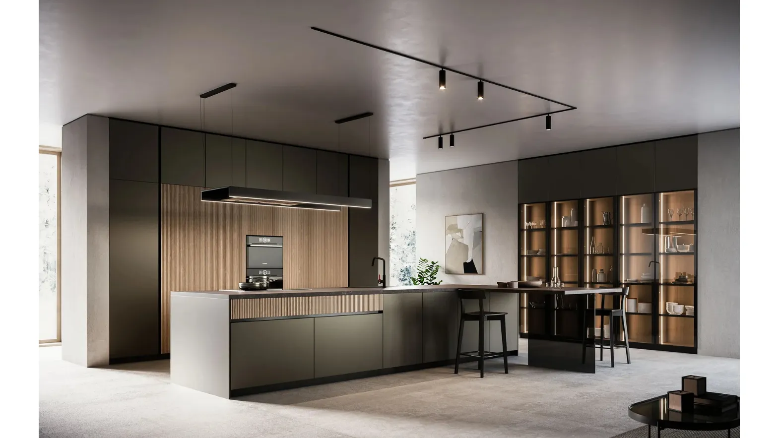 Cucina Moderna Asia con isola e penisola in laccato opaco e legno di Arredo3