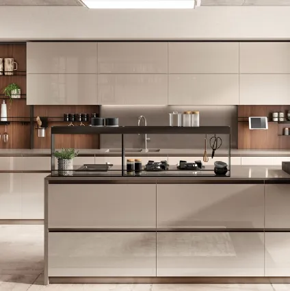 Cucina Moderna Boxi laccato lucido Visone e Noce Sunset di Scavolini