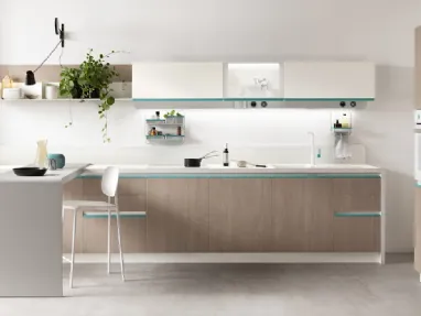 Cucina Moderna Dandy Plus Rovere Gessato e maniglia Blu Agave di Scavolini