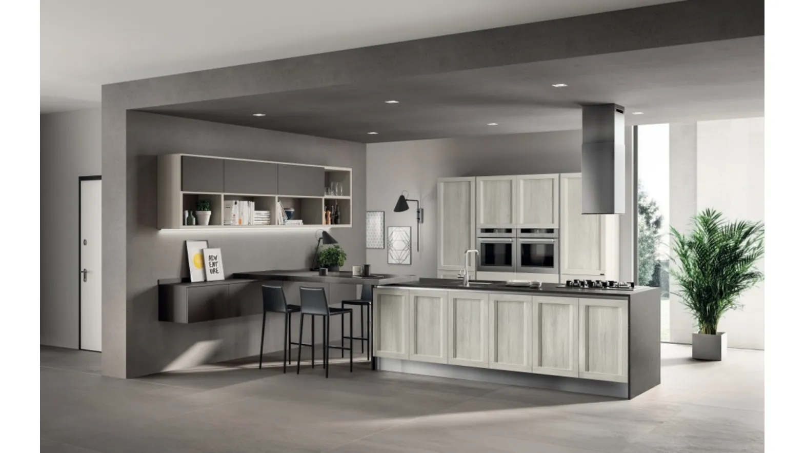 Cucina Moderna  lineare Evolution in decorativo Rovere Artic e laccato opaco grigio di Scavolini