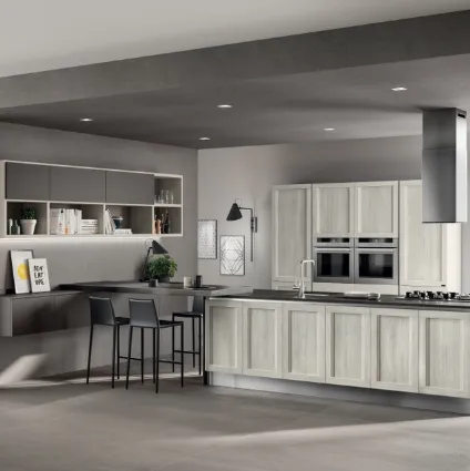 Cucina Moderna  lineare Evolution in decorativo Rovere Artic e laccato opaco grigio di Scavolini