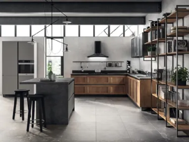 Cucina Moderna angolare Evolution in decorativo Rovere Land e laminato Volcanic Ash di Scavolini