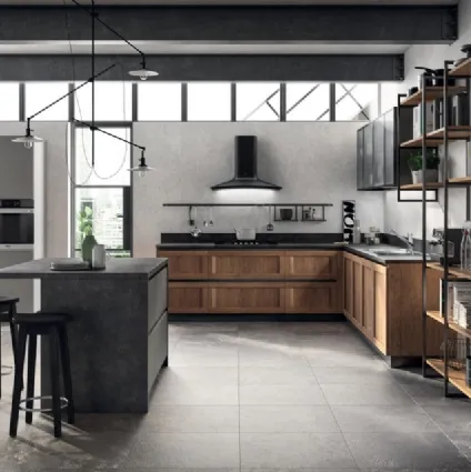 Cucina Moderna angolare Evolution in decorativo Rovere Land e laminato Volcanic Ash di Scavolini