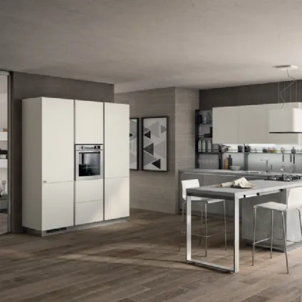 Cucina Moderna angolare con penisola Evolution in decorativo Concrete Medium e laccato Bianco opaco di Scavolini