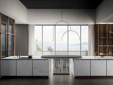 Cucina Moderna in laminam statuarietto con penisola Kronos di Arredo3