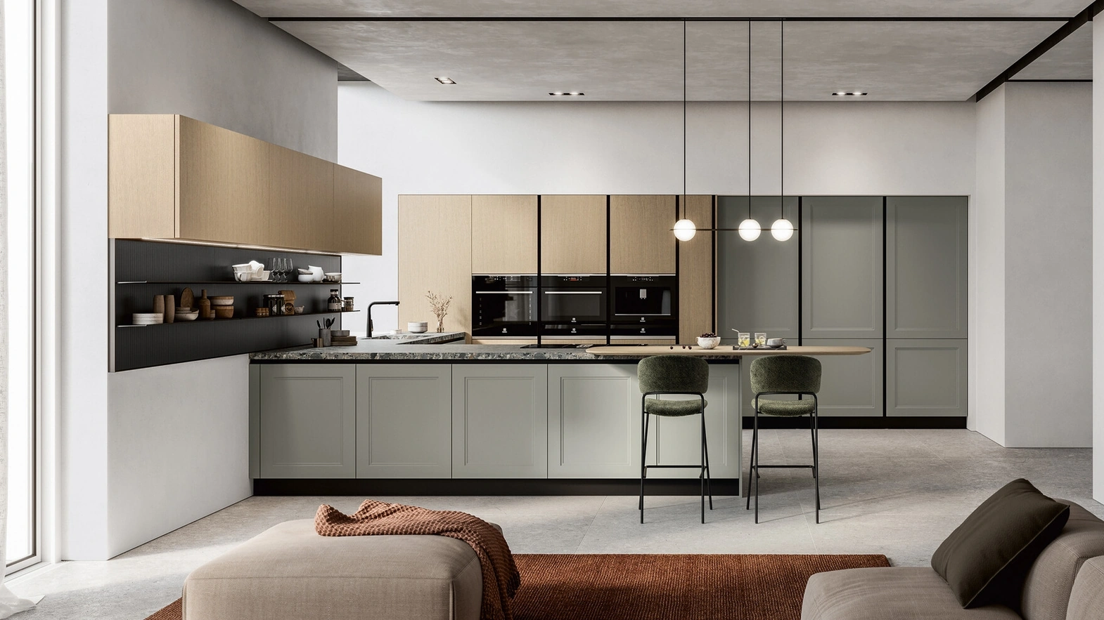 Cucina Moderna in laccato e impiallacciato con penisola Meg di Arredo3
