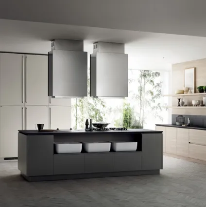 Cucina Moderna Qi in laccato Grigio Titanio e Grigio Chiaro con Olmo Hono di Scavolini