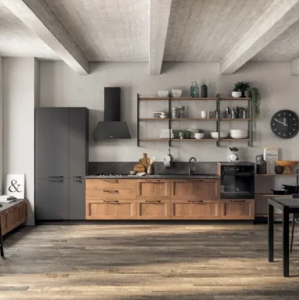 Cucina Moderna lineare Sax in decorativo Rovere Land e in laccato opaco Grigio Ferro di Scavolini