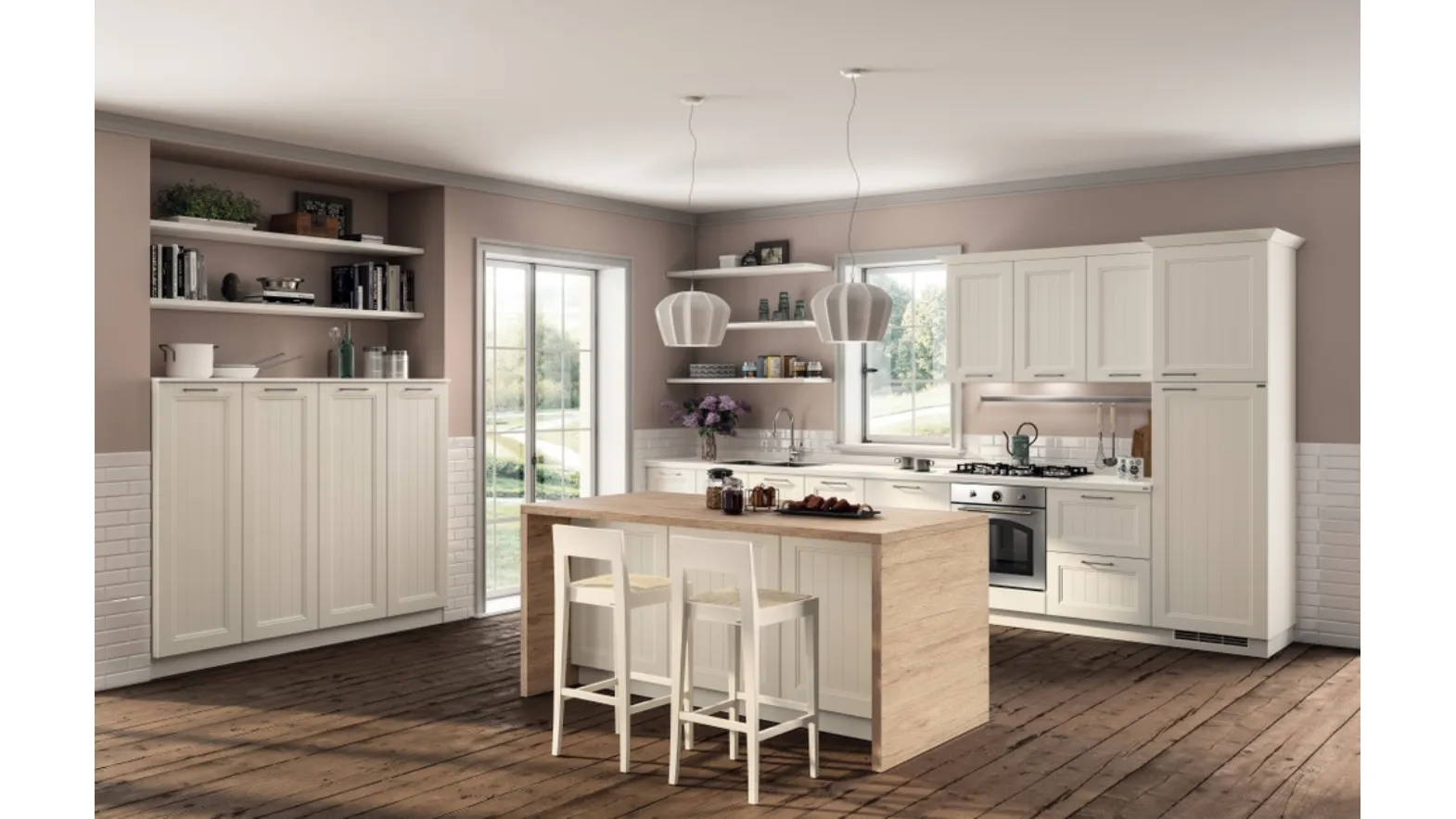 Cucina lineare Shabby Chic Colony in laccato Bianco opaco a doghe di Scavolini