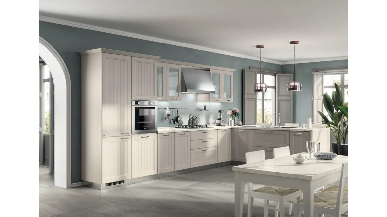 Cucina Shabby Chic angolare Colony in laccato Sabbia opaco a doghe e piano in laminato Statuario di Scavolini