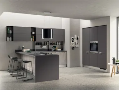 Cucina su misura angolare con penisola Sax in decorativo Concrete Medium e decorativo Grafite con top in laminato di Scavolini