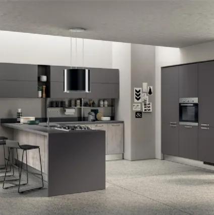 Cucina su misura angolare con penisola Sax in decorativo Concrete Medium e decorativo Grafite con top in laminato di Scavolini